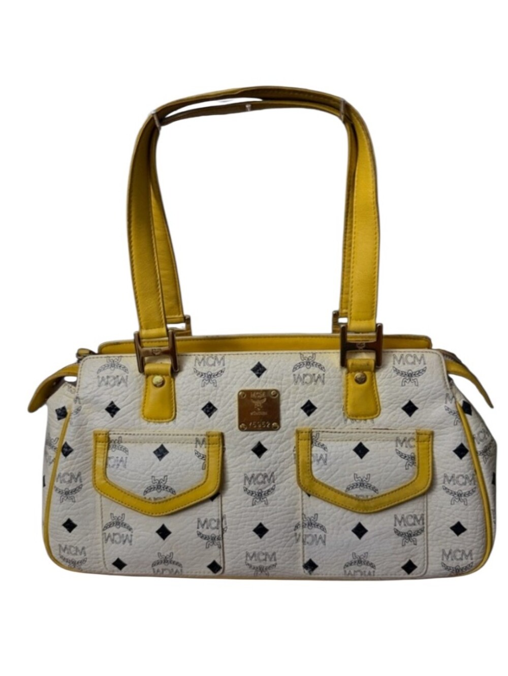 MCM White & Yellow Monogram Leather Shoulder Bag